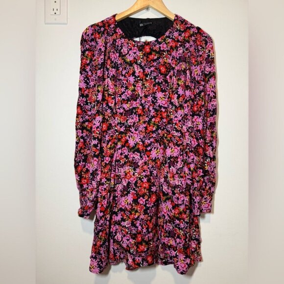 NWT Zara Floral Print Pink and Purple Long Sleeve Sundress Size M - Picture 4 of 11